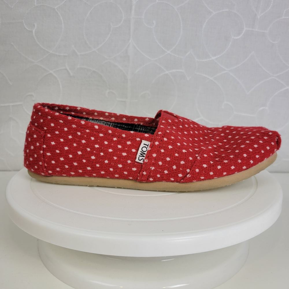 Toms Womens Shoes Size 7.5 Red White Polka Dots Closed Toe Comfy Slip On Flats